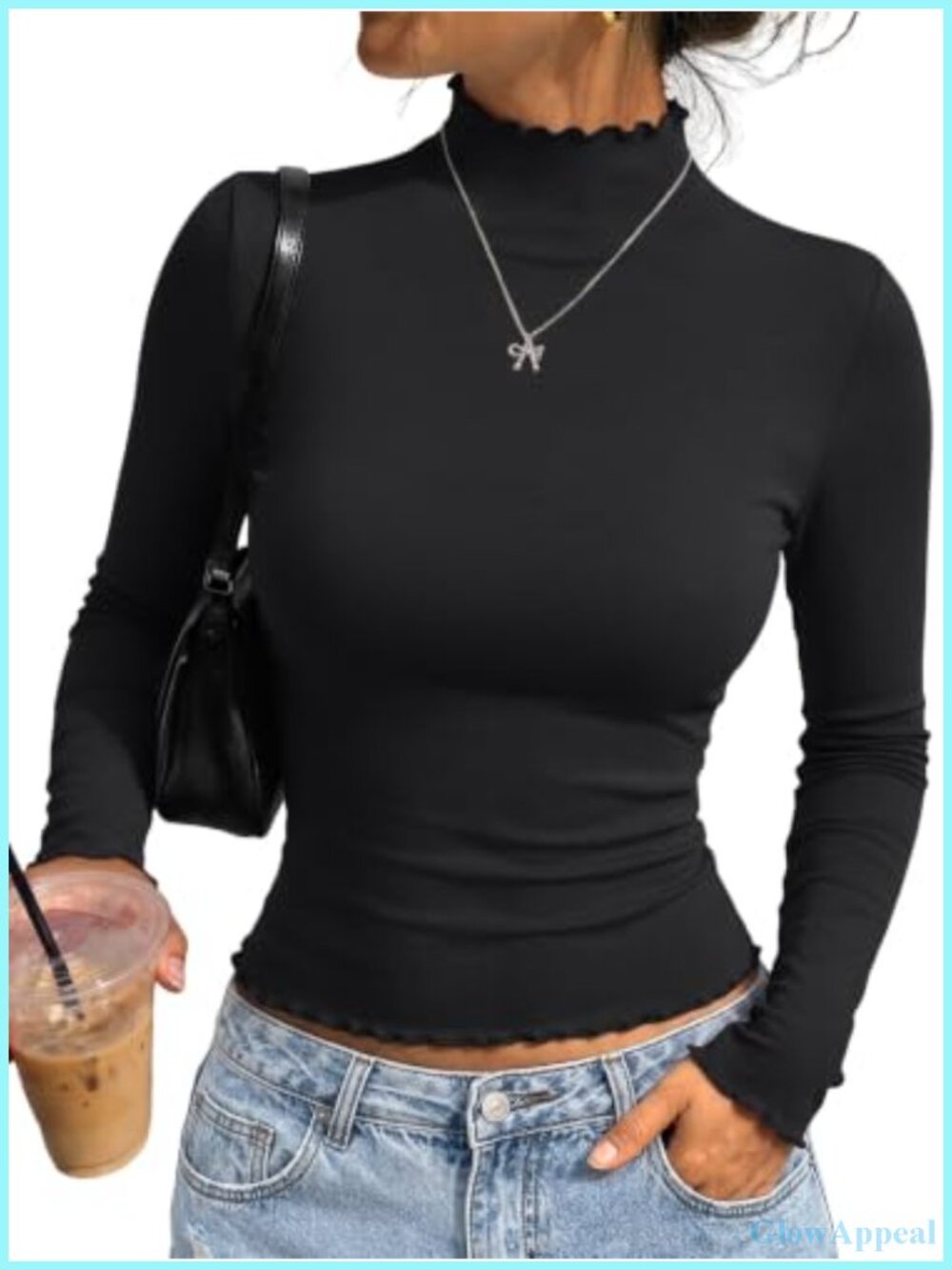 Mock Turtleneck Long Sleeve Crop Top Ribbed Lettuce Trim Fall Shirt